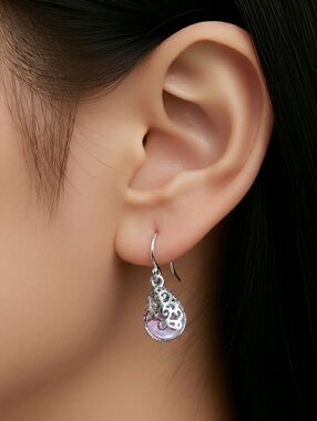 Silver Teardrop Earrings With A Lilac Colored Stone